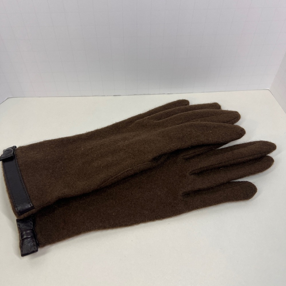 Vintage Brown Lambswool Gloves Womens Bow Accent Cottagecore Winter Retro